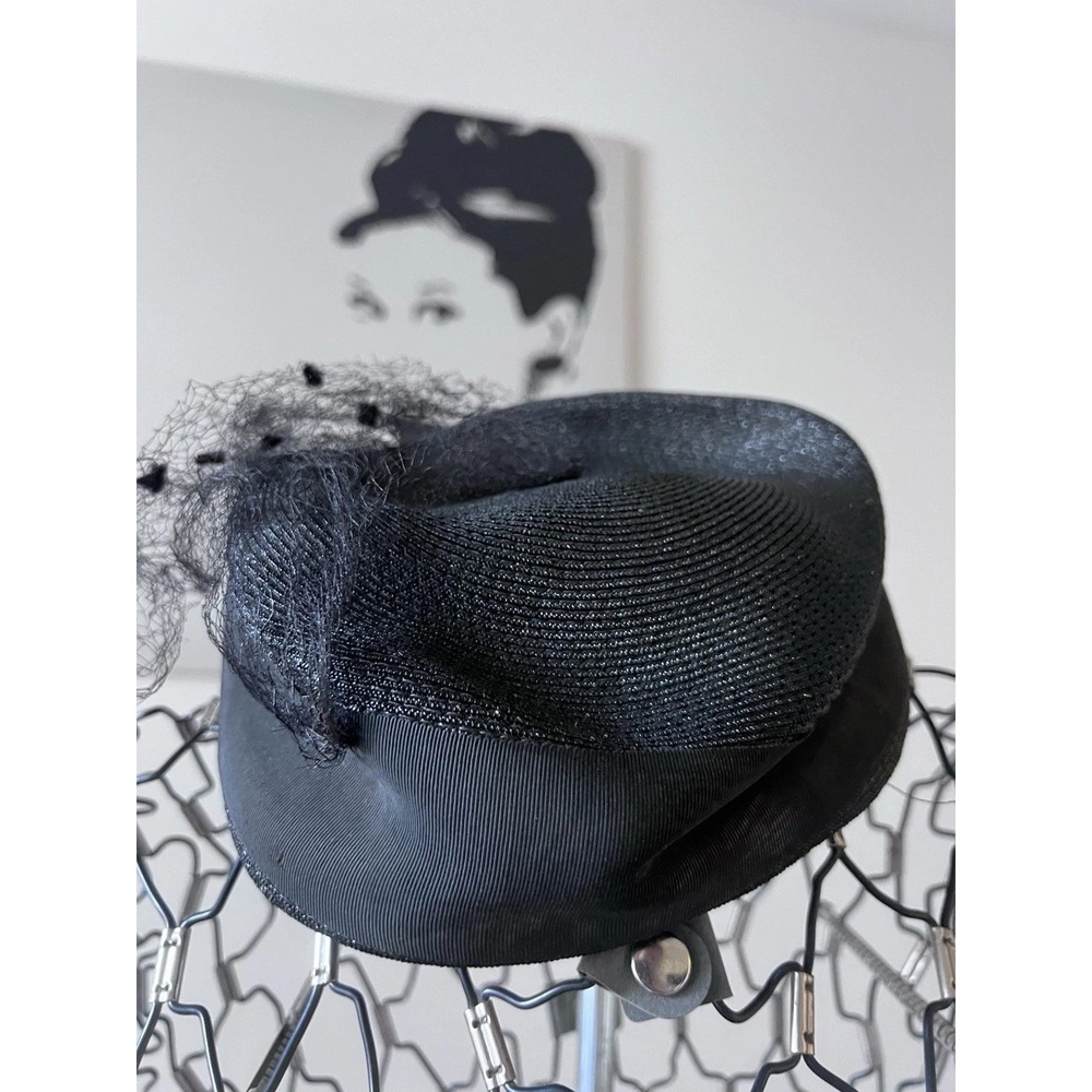 Vintage Black Pillbox Hat with Veil and Bow Mid-Century Formal Fascinator